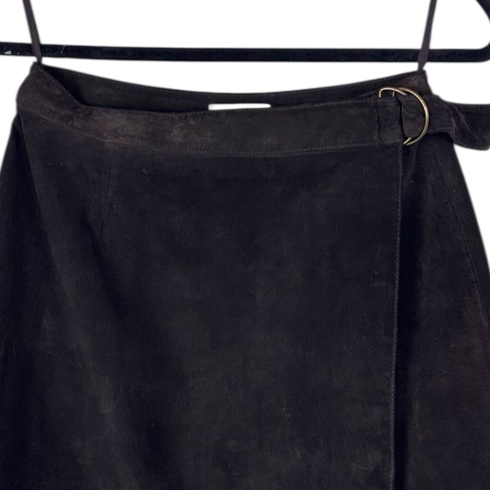 VINTAGE 90s ANN TAYLOR SUEDE LEATHER CHOCOLATE BROWN WRAP MINI SKIRT - Picture 7 of 10
